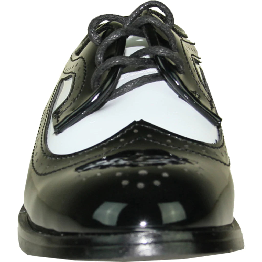 VANGELO Boy Dress Shoe TAB-3KID Oxford Formal Tuxedo for Prom & Wedding Black/White Patent Two Tone - RoshelLuxe.com