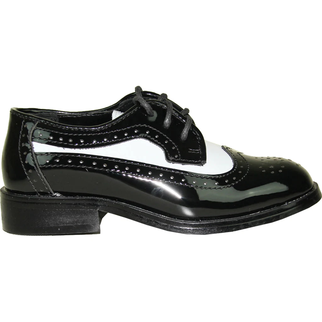 VANGELO Boy Dress Shoe TAB-3KID Oxford Formal Tuxedo for Prom & Wedding Black/White Patent Two Tone - RoshelLuxe.com