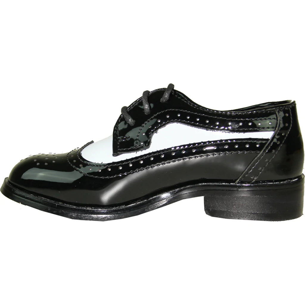 VANGELO Boy Dress Shoe TAB-3KID Oxford Formal Tuxedo for Prom & Wedding Black/White Patent Two Tone - RoshelLuxe.com