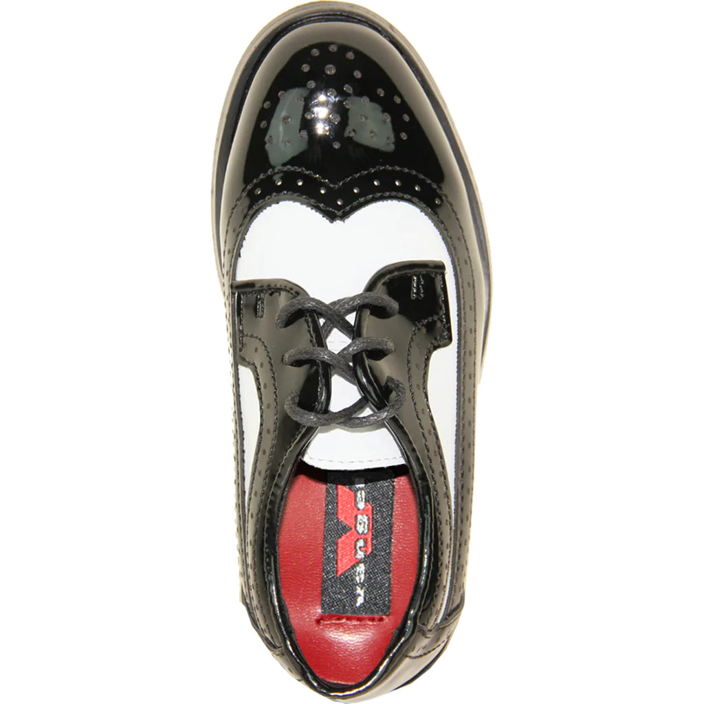VANGELO Boy Dress Shoe TAB-3KID Oxford Formal Tuxedo for Prom & Wedding Black/White Patent Two Tone - RoshelLuxe.com
