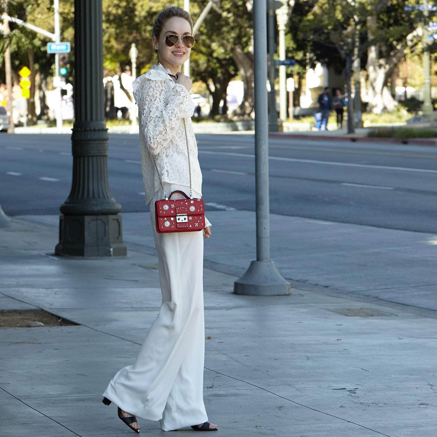 Studded Small Leather Crossbody Bag Red Purse - RoshelLuxe.com