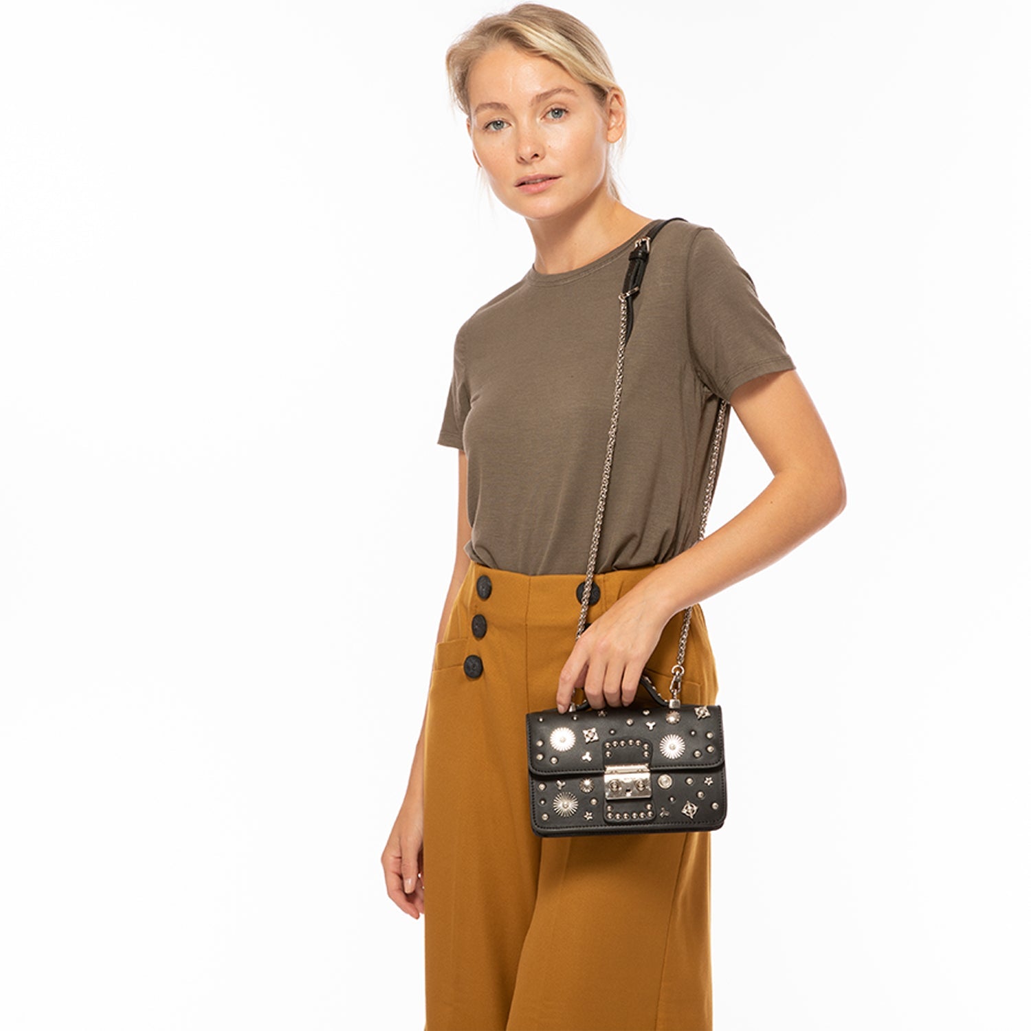 Studded Small Leather Crossbody Bag Black Purse - RoshelLuxe.com