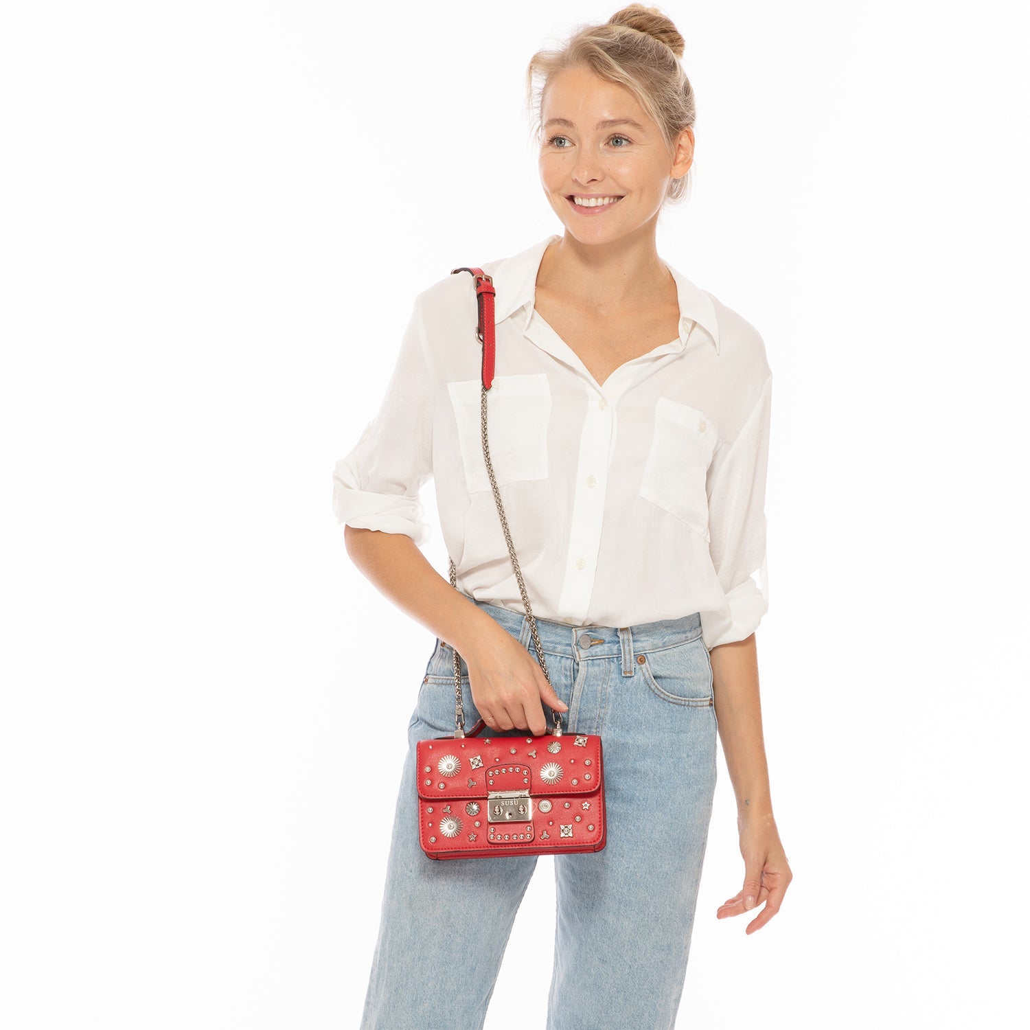 Studded Small Leather Crossbody Bag Red Purse - RoshelLuxe.com