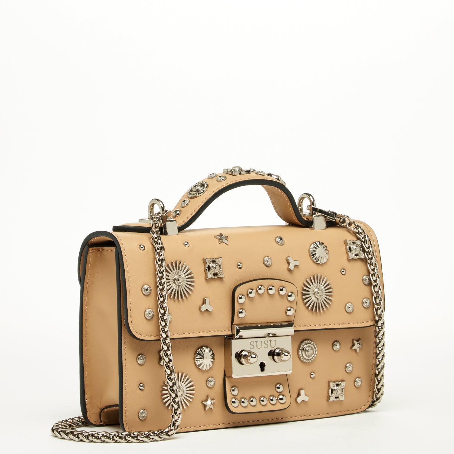 Small Leather Crossbody Bag Studded Dark Beige Tan Purse - RoshelLuxe.com