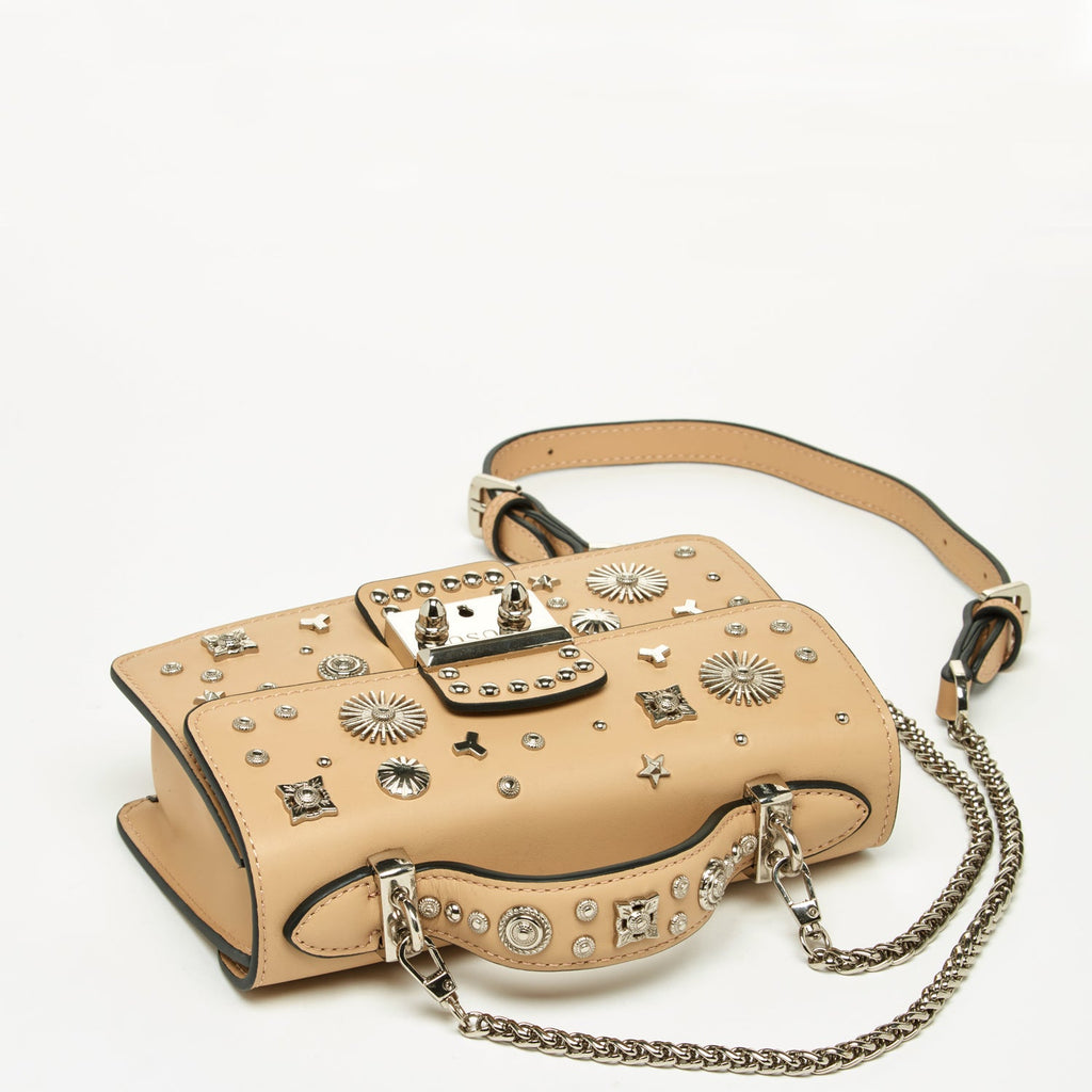 Small Leather Crossbody Bag Studded Dark Beige Tan Purse