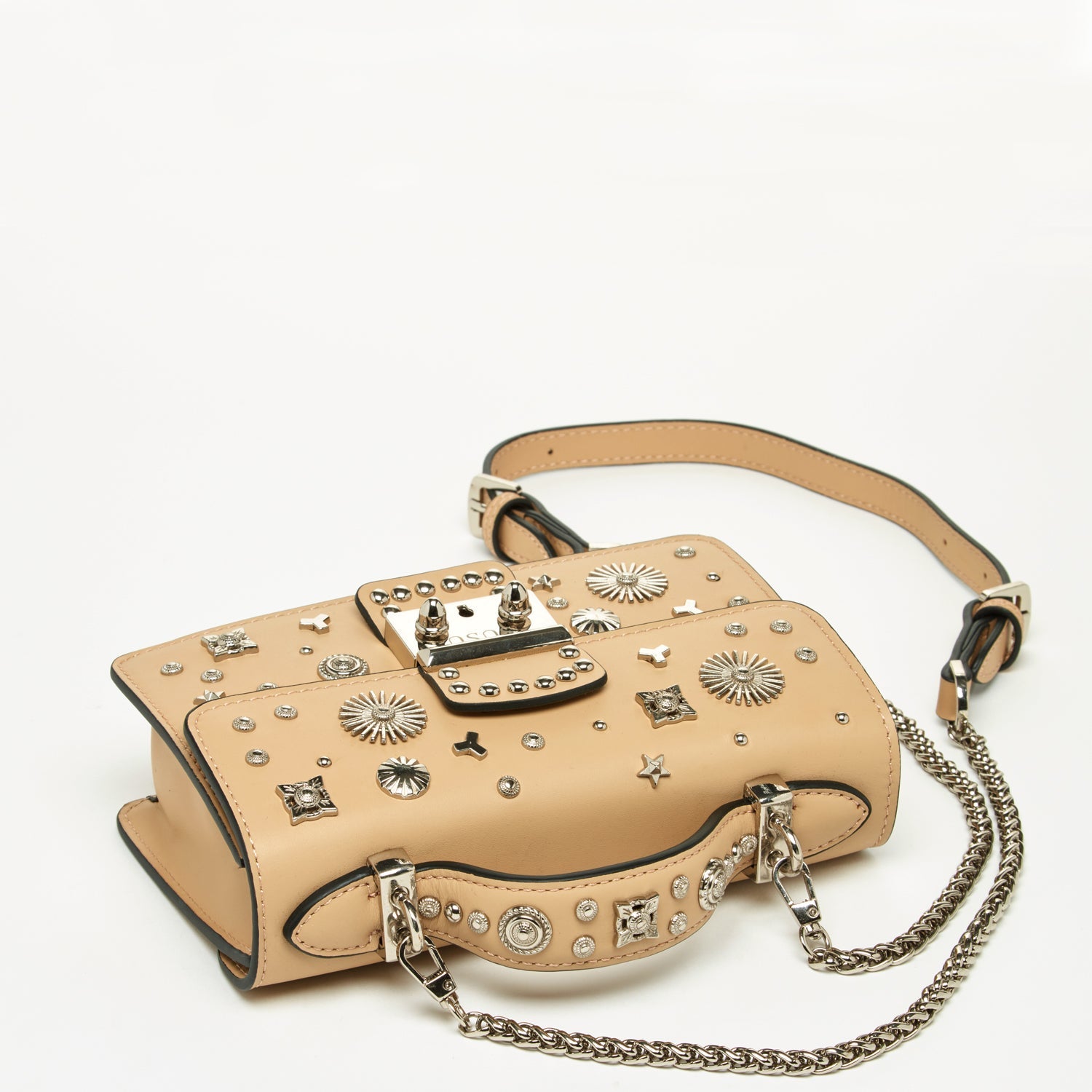 Small Leather Crossbody Bag Studded Dark Beige Tan Purse