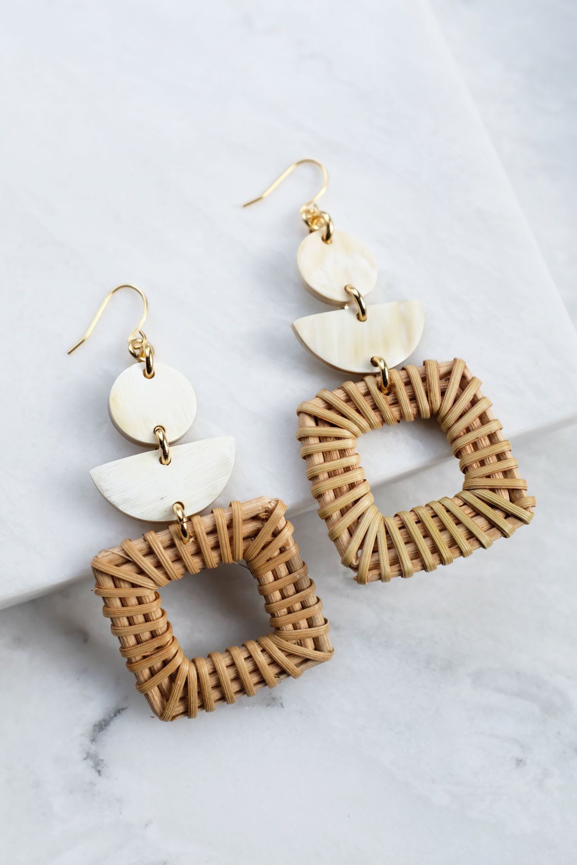 Tu 16K Gold-Plated Brass Buffalo Horn & Rattan/Wicker Square Geo Statement Earrings - RoshelLuxe.com