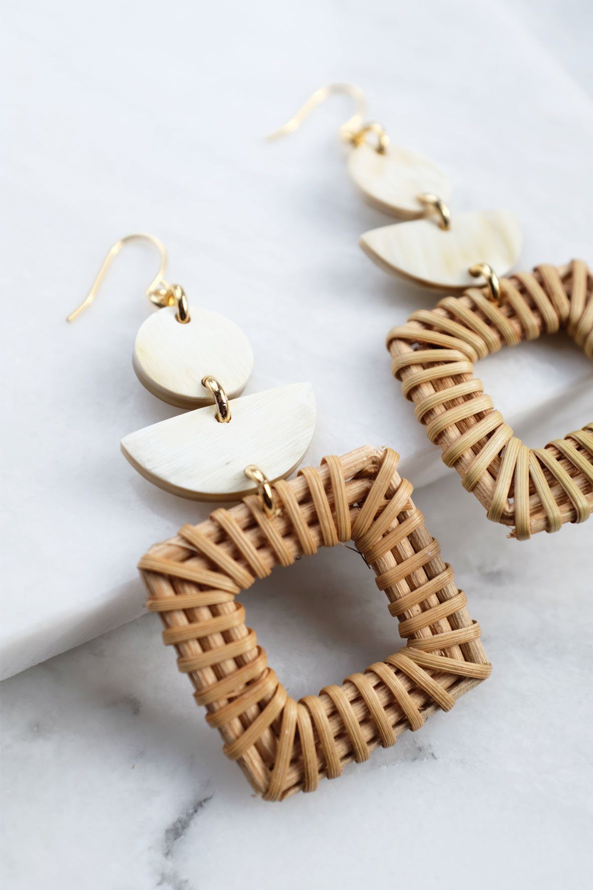Tu 16K Gold-Plated Brass Buffalo Horn & Rattan/Wicker Square Geo Statement Earrings - RoshelLuxe.com