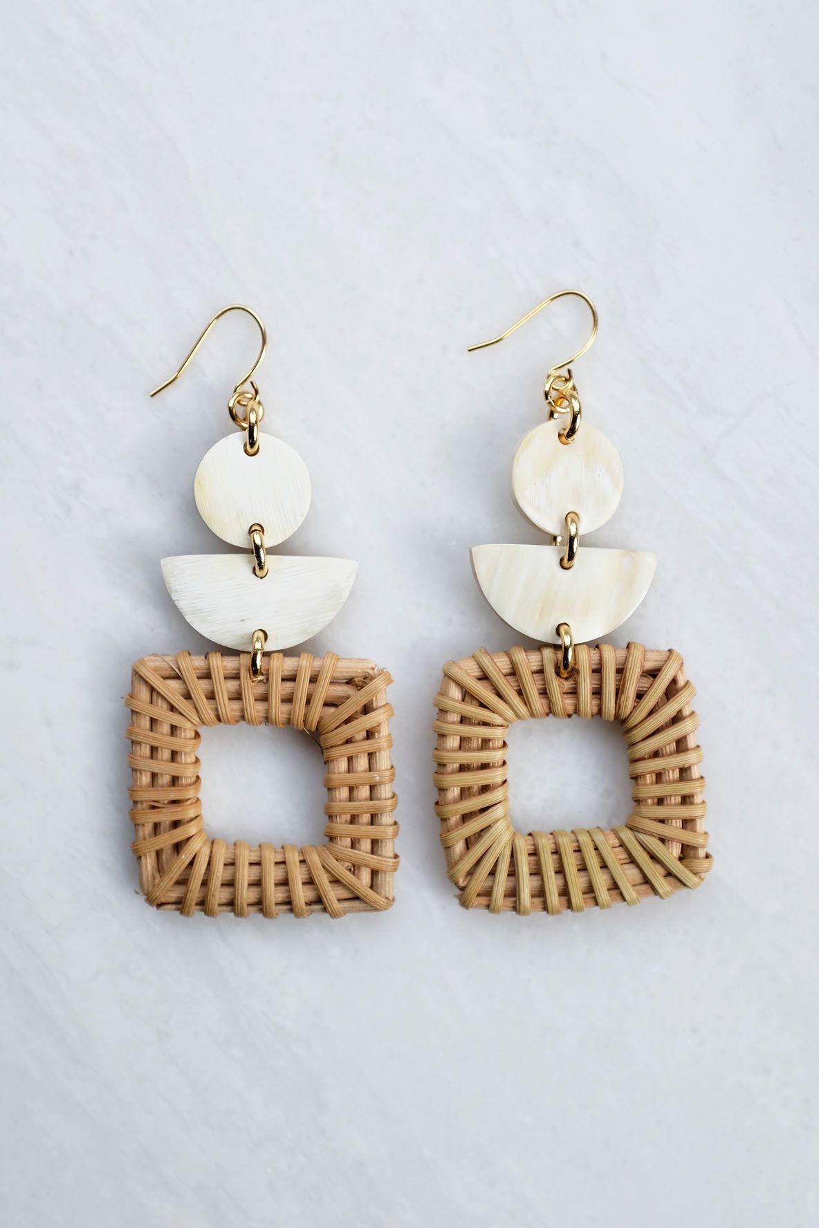 Tu 16K Gold-Plated Brass Buffalo Horn & Rattan/Wicker Square Geo Statement Earrings - RoshelLuxe.com