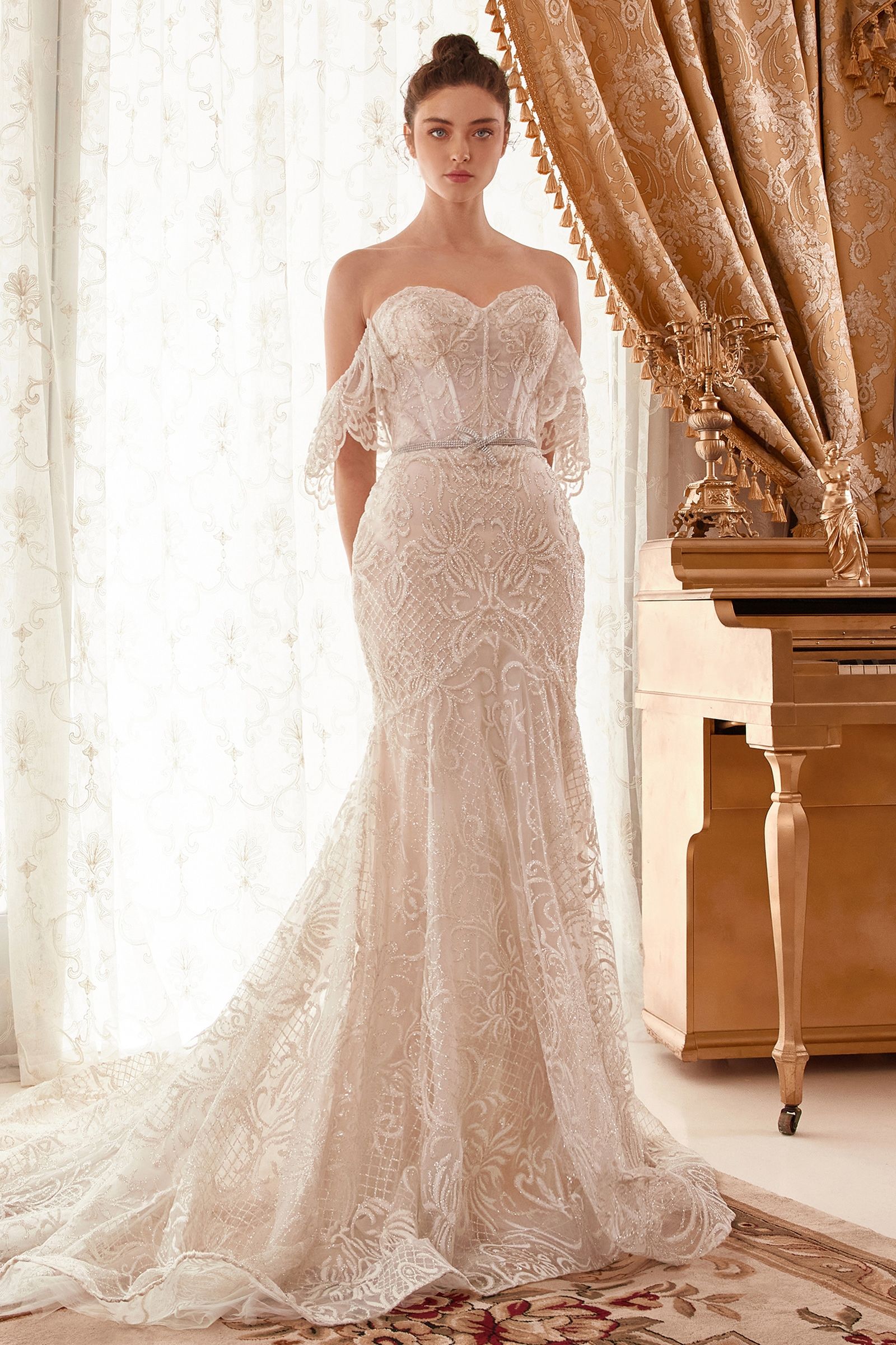Baroque Motif Glitter Printed Off The Shoulder Mermaid Bridal Gown - RoshelLuxe.com