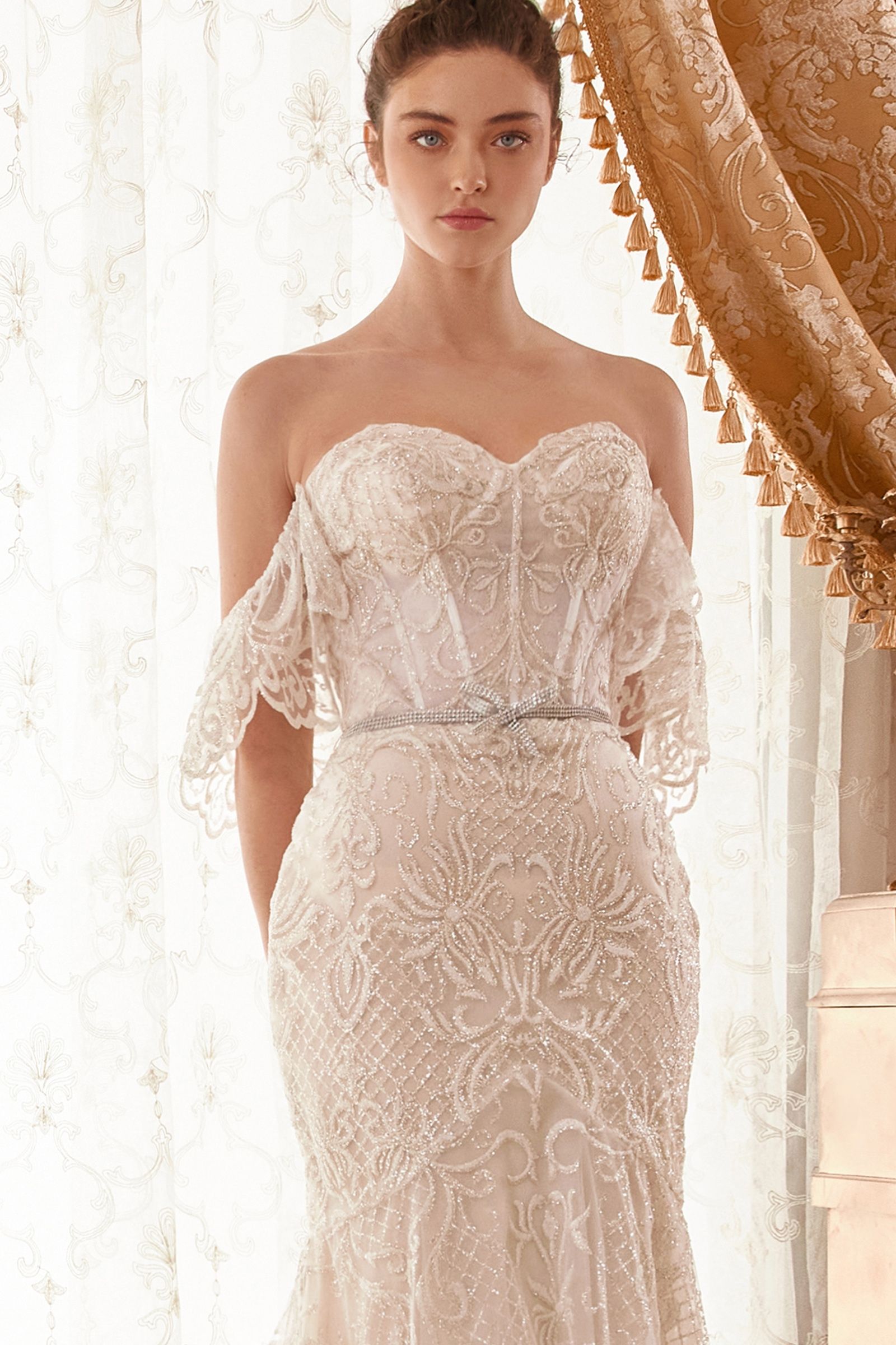 Baroque Motif Glitter Printed Off The Shoulder Mermaid Bridal Gown - RoshelLuxe.com