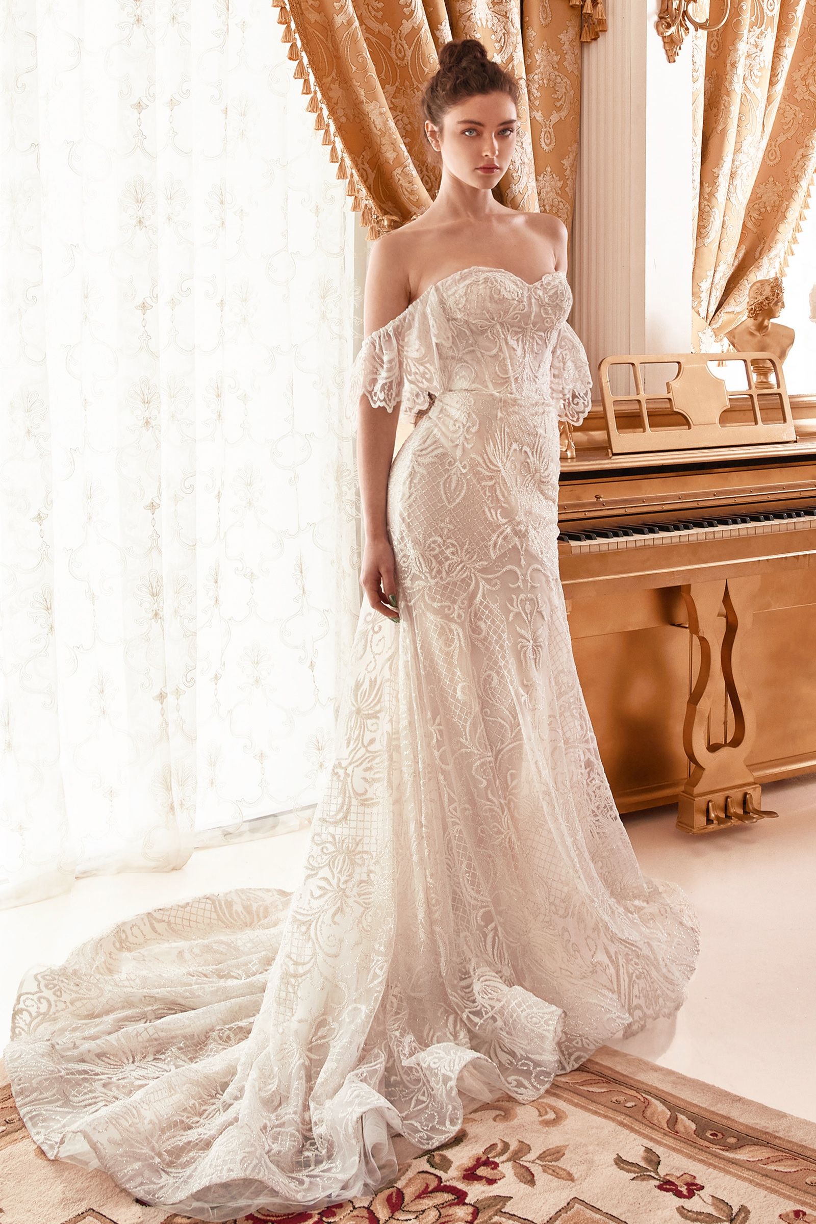 Baroque Motif Glitter Printed Off The Shoulder Mermaid Bridal Gown - RoshelLuxe.com