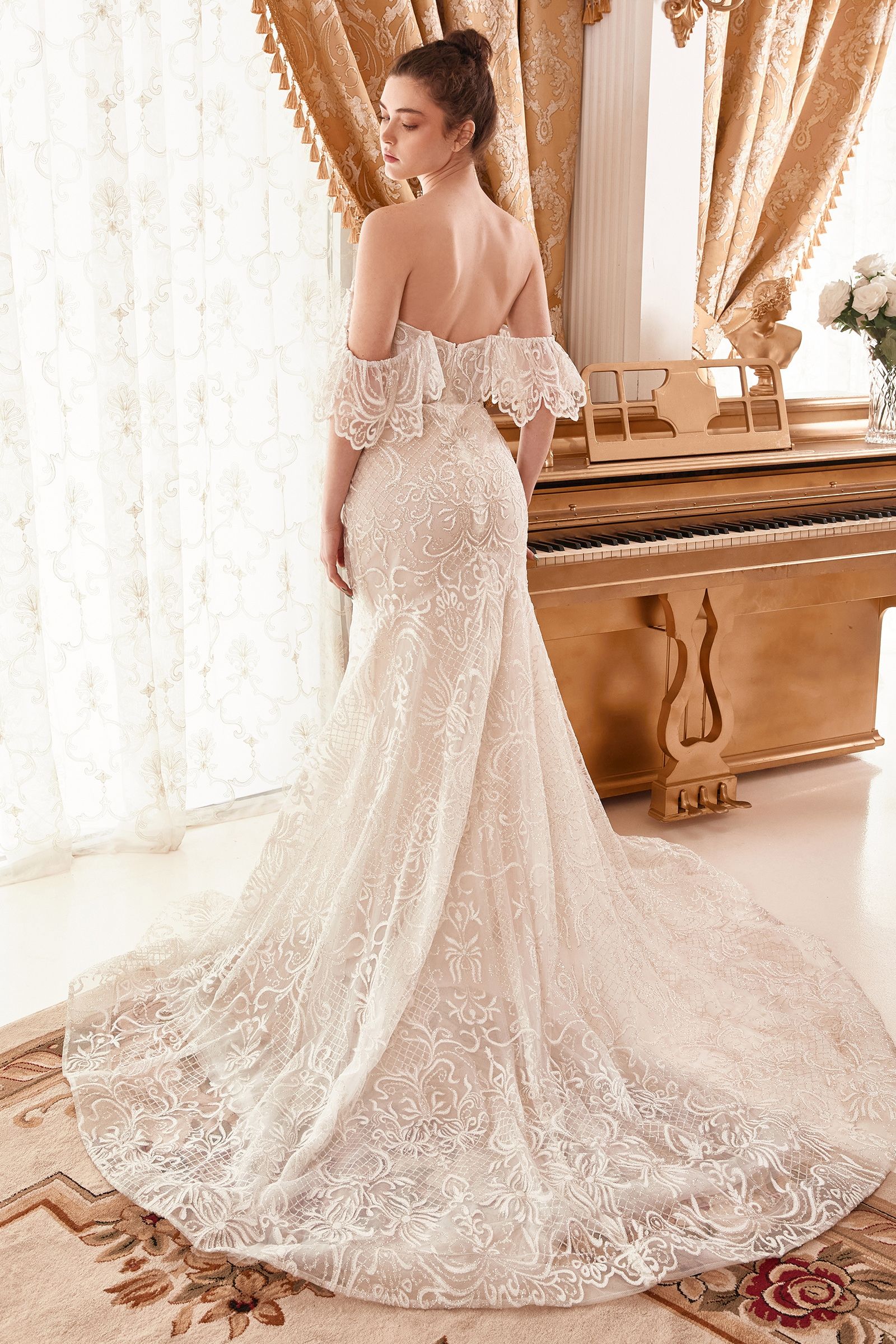 Baroque Motif Glitter Printed Off The Shoulder Mermaid Bridal Gown - RoshelLuxe.com