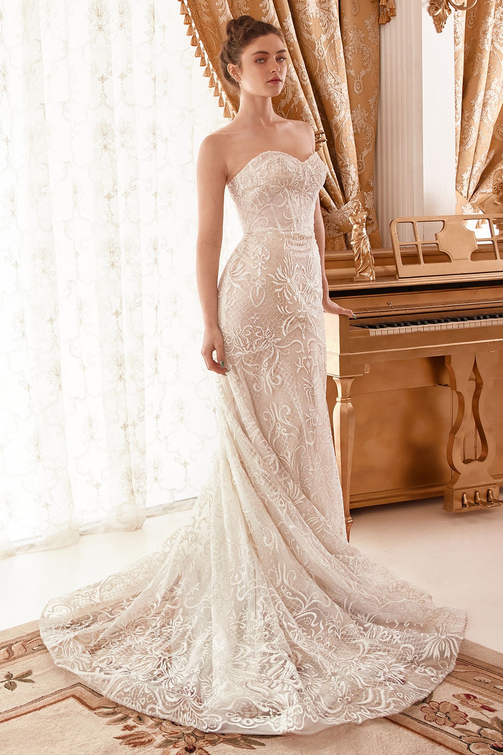 Baroque Motif Glitter Printed Off The Shoulder Mermaid Bridal Gown - RoshelLuxe.com