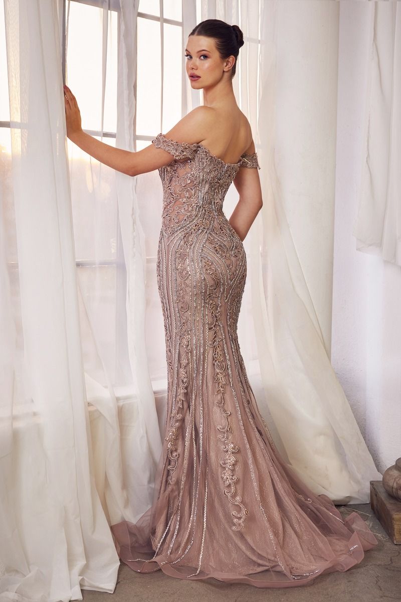 Off The Shoulder Embellished Gown - RoshelLuxe.com