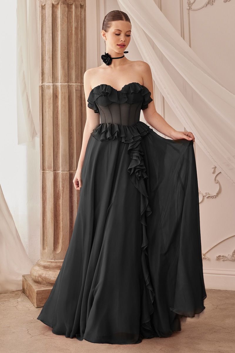 Strapless Chiffon Ruffle A-Line Dress - RoshelLuxe.com