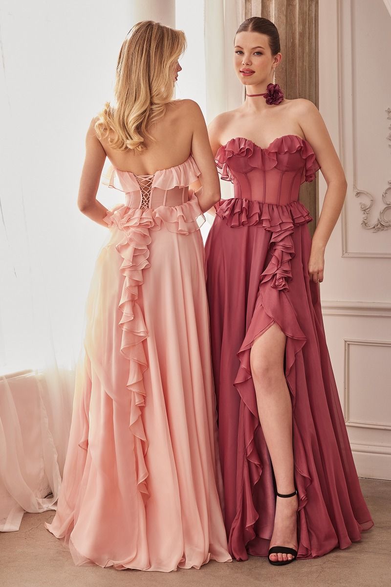 Strapless Chiffon Ruffle A-Line Dress - RoshelLuxe.com
