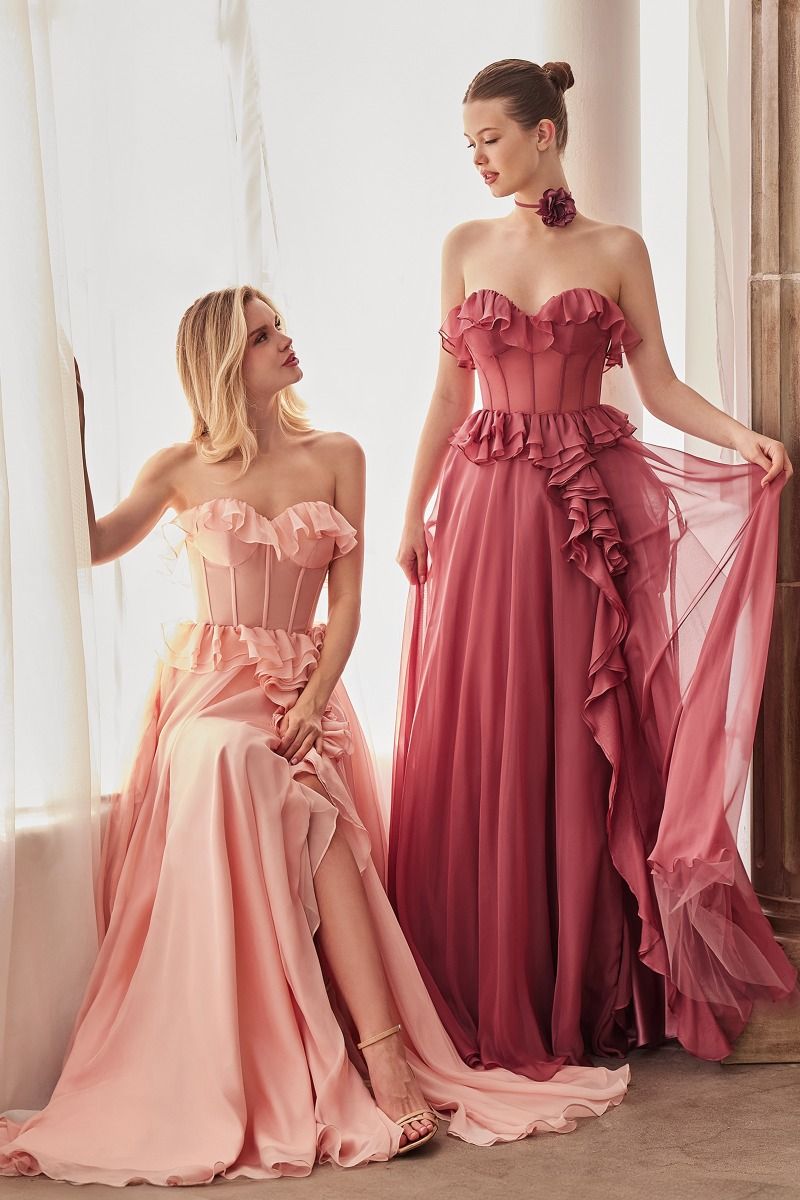 Strapless Chiffon Ruffle A-Line Dress - RoshelLuxe.com