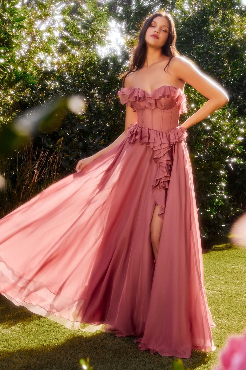 Strapless Chiffon Ruffle A-Line Dress - RoshelLuxe.com