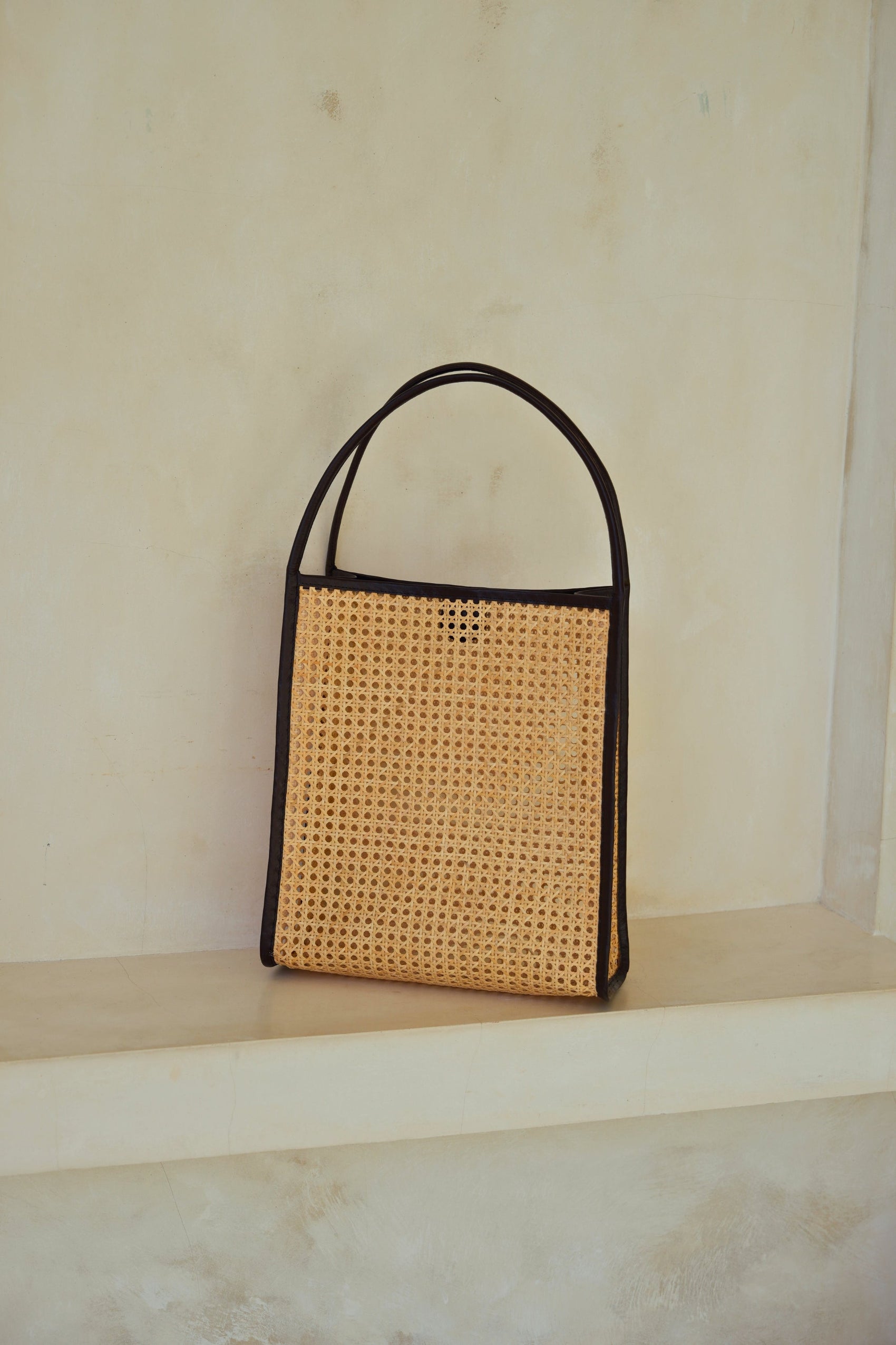 Viviana Oversized Cane and Leather Tote in Dark Brown - RoshelLuxe.com