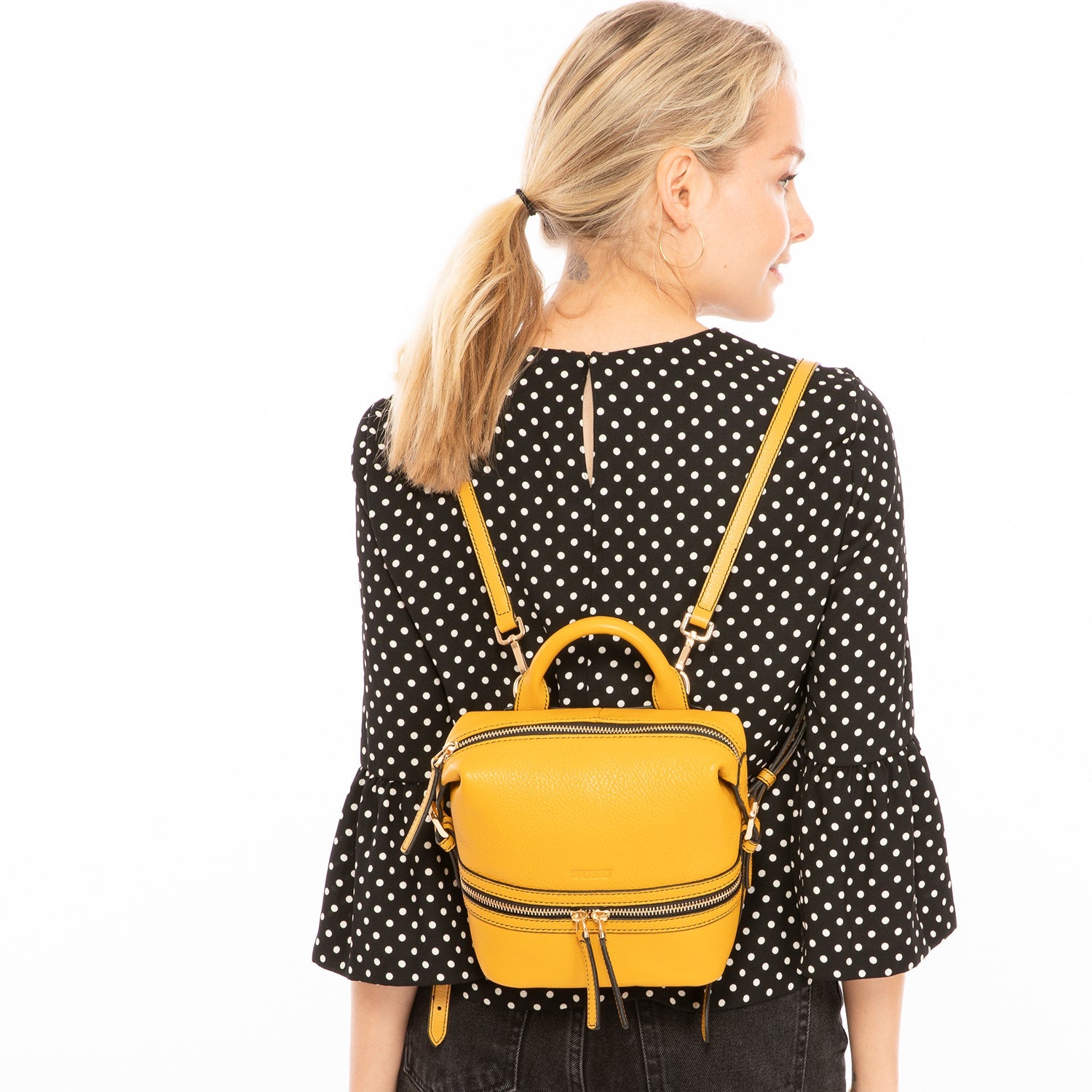 Leather Backpack for Women  Yellow Purse Convertible Crossbody Bag Medium Size with Front and Back Pockets - RoshelLuxe.com