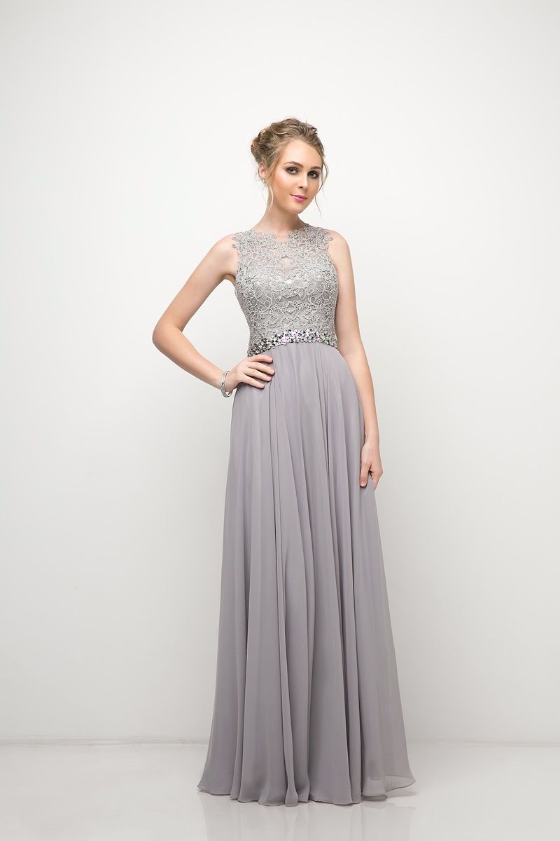 A-line chiffon dress with embelished belt and lace cap sleeve top - RoshelLuxe.com