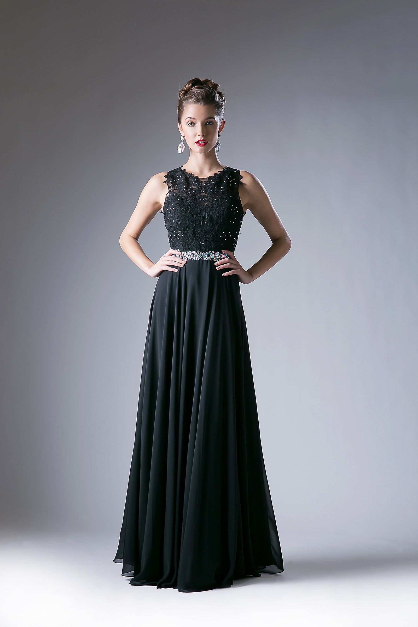 A-line chiffon dress with embelished belt and lace cap sleeve top - RoshelLuxe.com