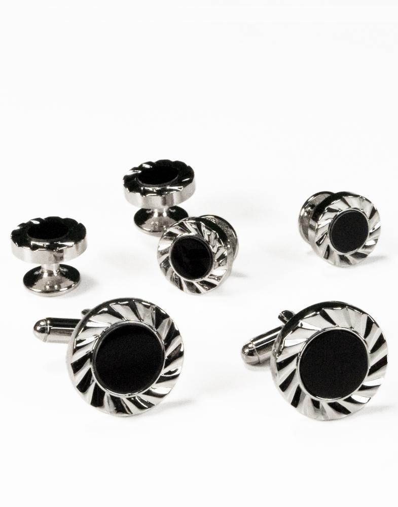 Black Circular Onyx with Gold or Silver Fan Cut Edge Studs and Cufflinks Set