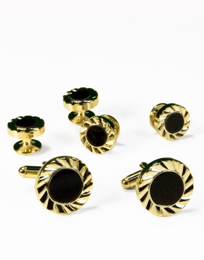 Black Circular Onyx with Gold or Silver Fan Cut Edge Studs and Cufflinks Set - RoshelLuxe.com