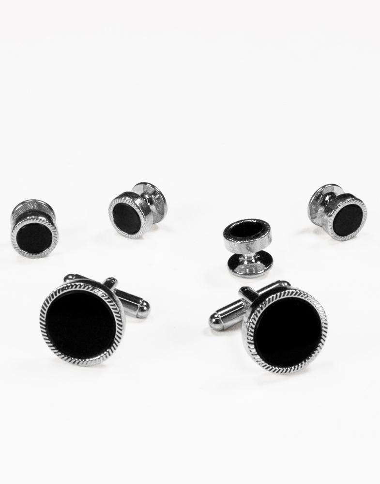 Black Circular Onyx with Gold or Silver Feather Cut Edge Studs and Cufflinks Set - RoshelLuxe.com