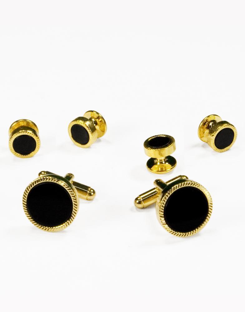 Black Circular Onyx with Gold or Silver Feather Cut Edge Studs and Cufflinks Set