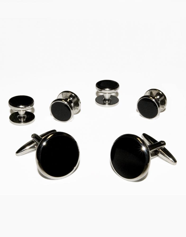 Black Circular Onyx with Gold or Silver Trim Studs and Cufflinks Set