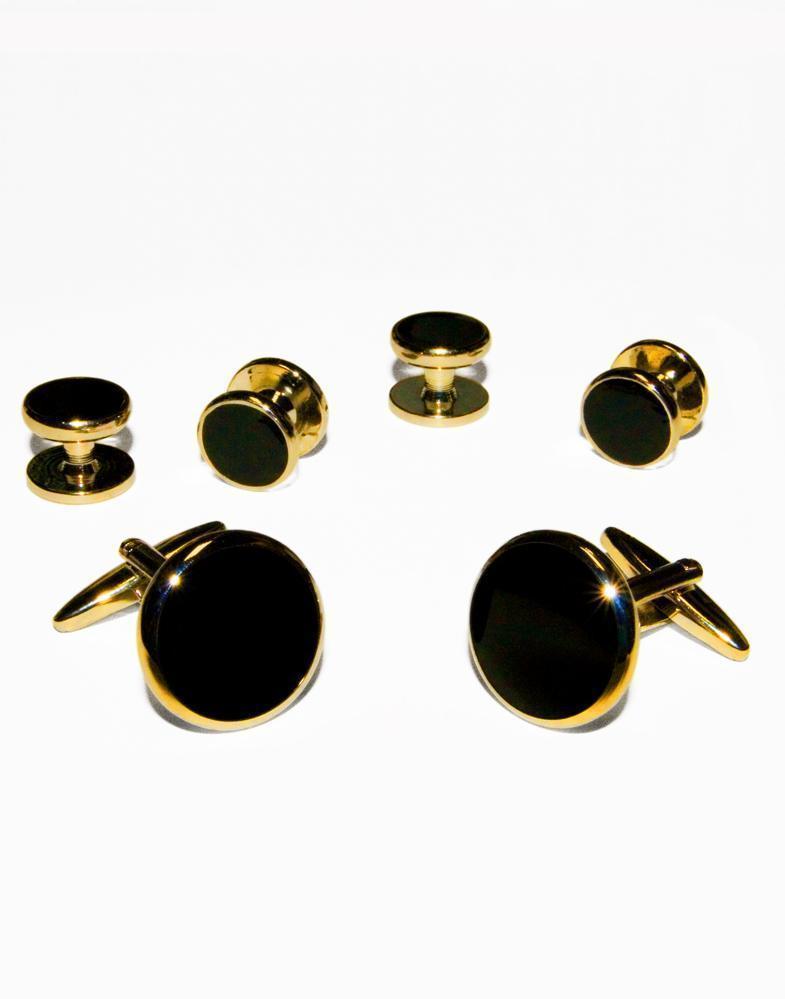 Black Circular Onyx with Gold or Silver Trim Studs and Cufflinks Set