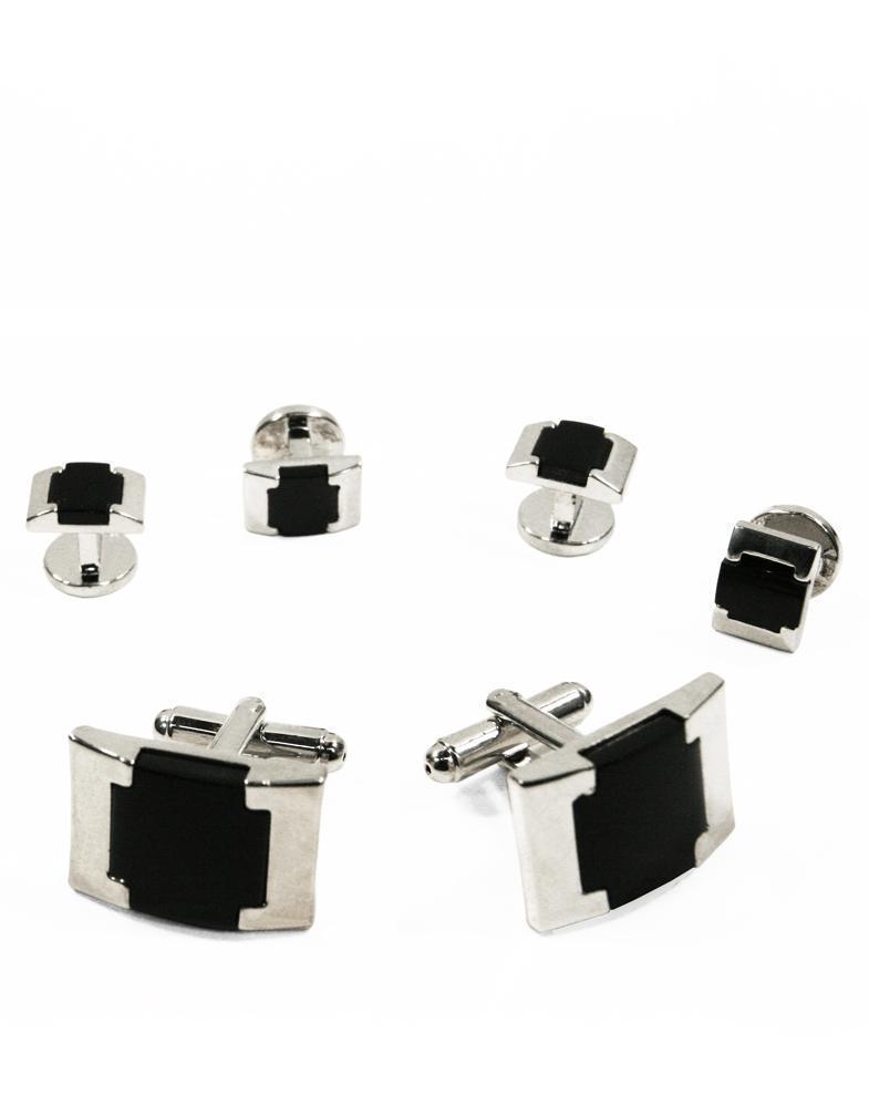 Black Watch Link Onyx with Gold or Silver Edge Studs and Cufflinks Set - RoshelLuxe.com