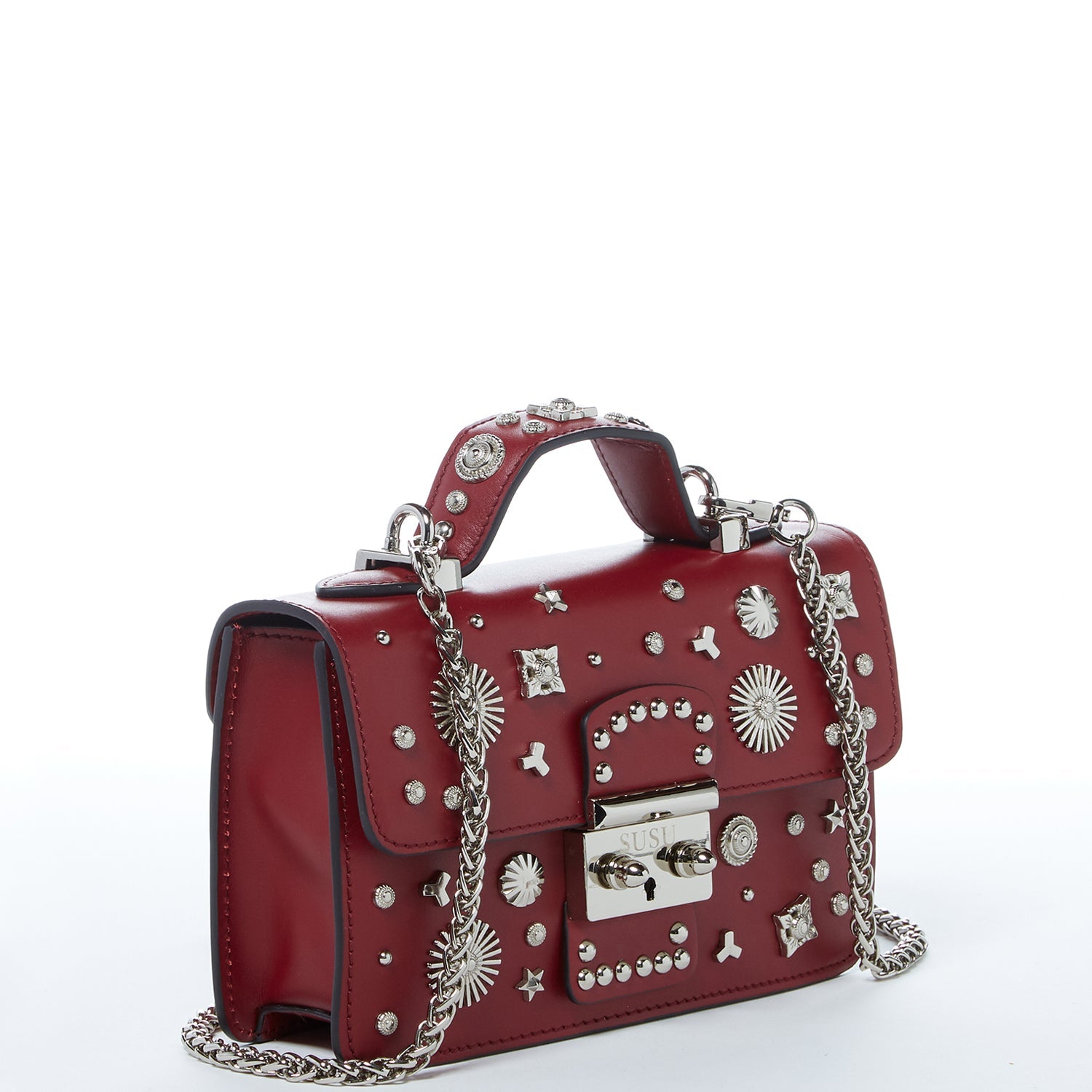 Studded Small Leather Crossbody Bag Burgundy Purse  Women's Handbag - RoshelLuxe.com