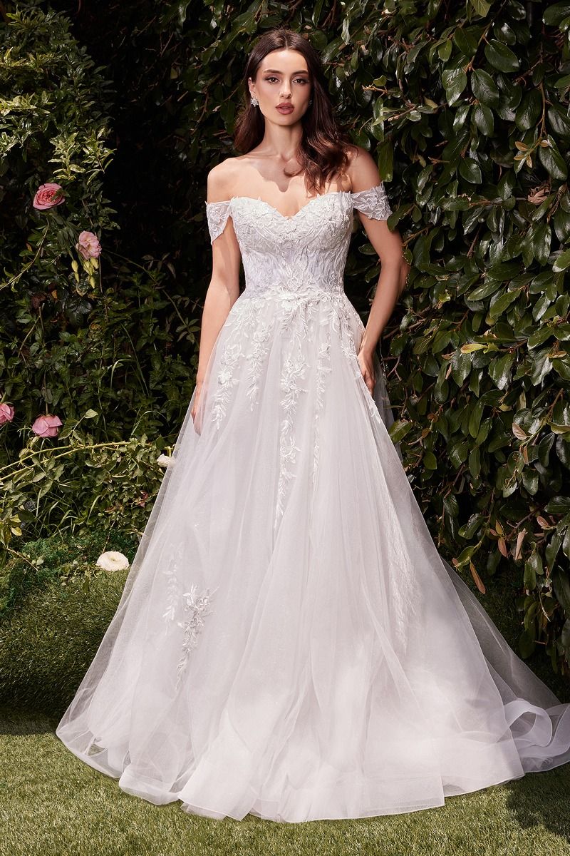 Off The Shoulder A-Line Lace & Tulle Wedding Dress - RoshelLuxe.com