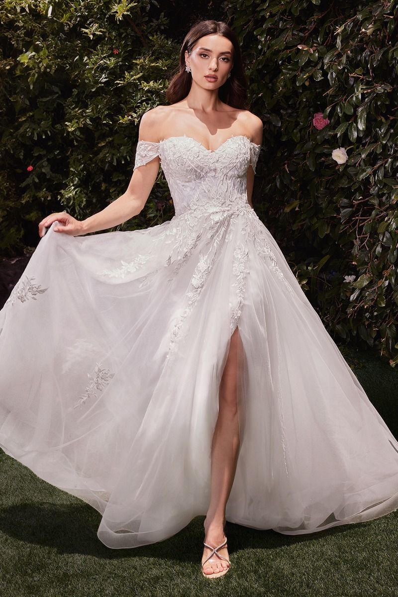Off The Shoulder A-Line Lace & Tulle Wedding Dress - RoshelLuxe.com