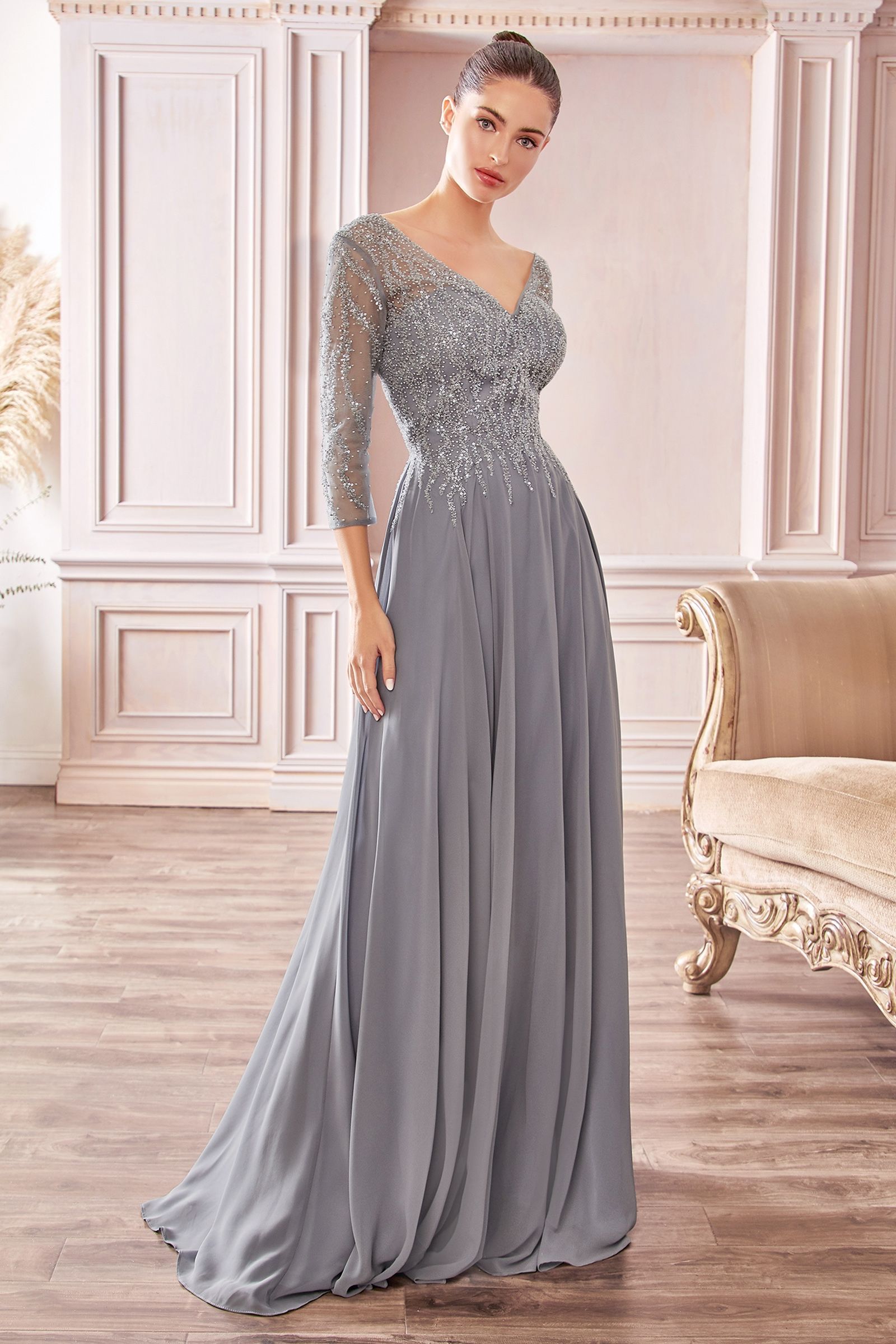Chiffon A-Line Long Sleeve Gown - RoshelLuxe.com