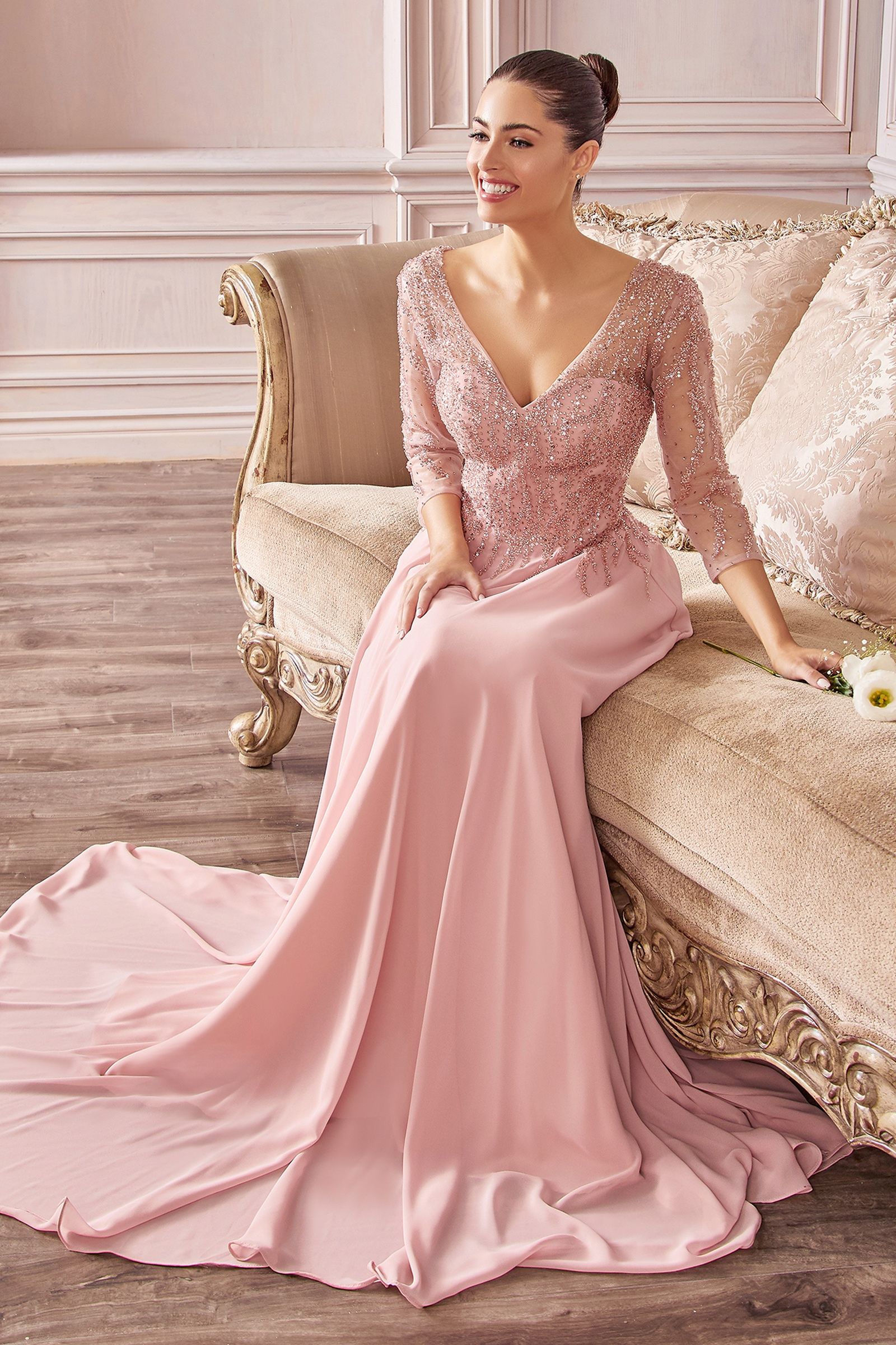 Chiffon A-Line Long Sleeve Gown - RoshelLuxe.com