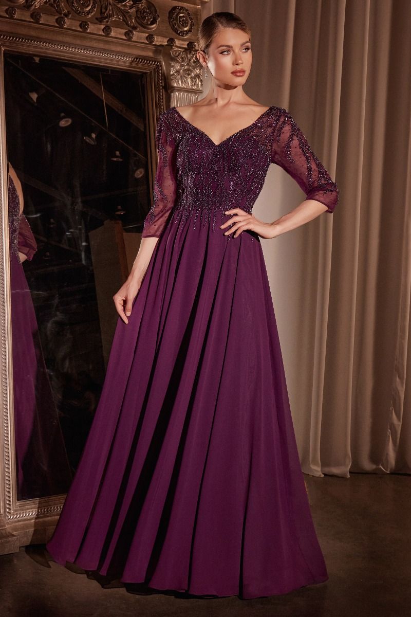 Chiffon A-Line Long Sleeve Gown - RoshelLuxe.com