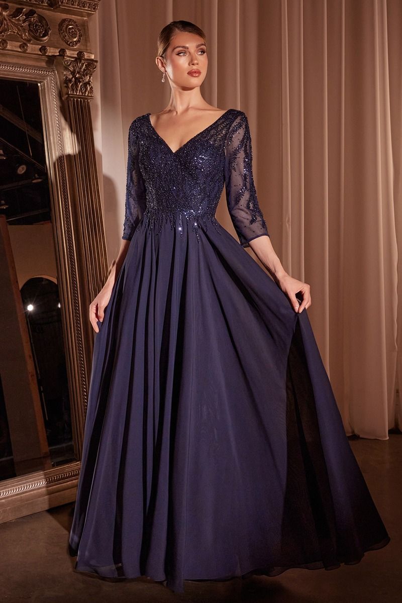 Chiffon A-Line Long Sleeve Gown - RoshelLuxe.com