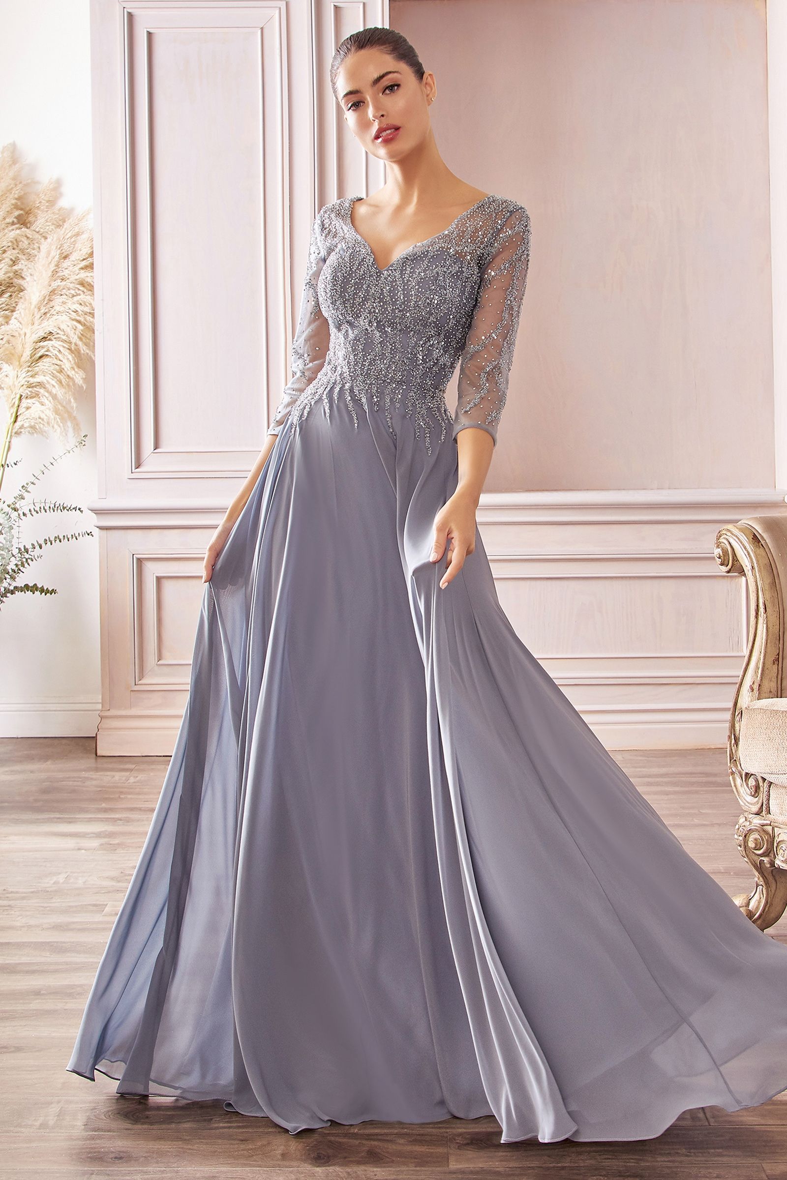 Chiffon A-Line Long Sleeve Gown - RoshelLuxe.com