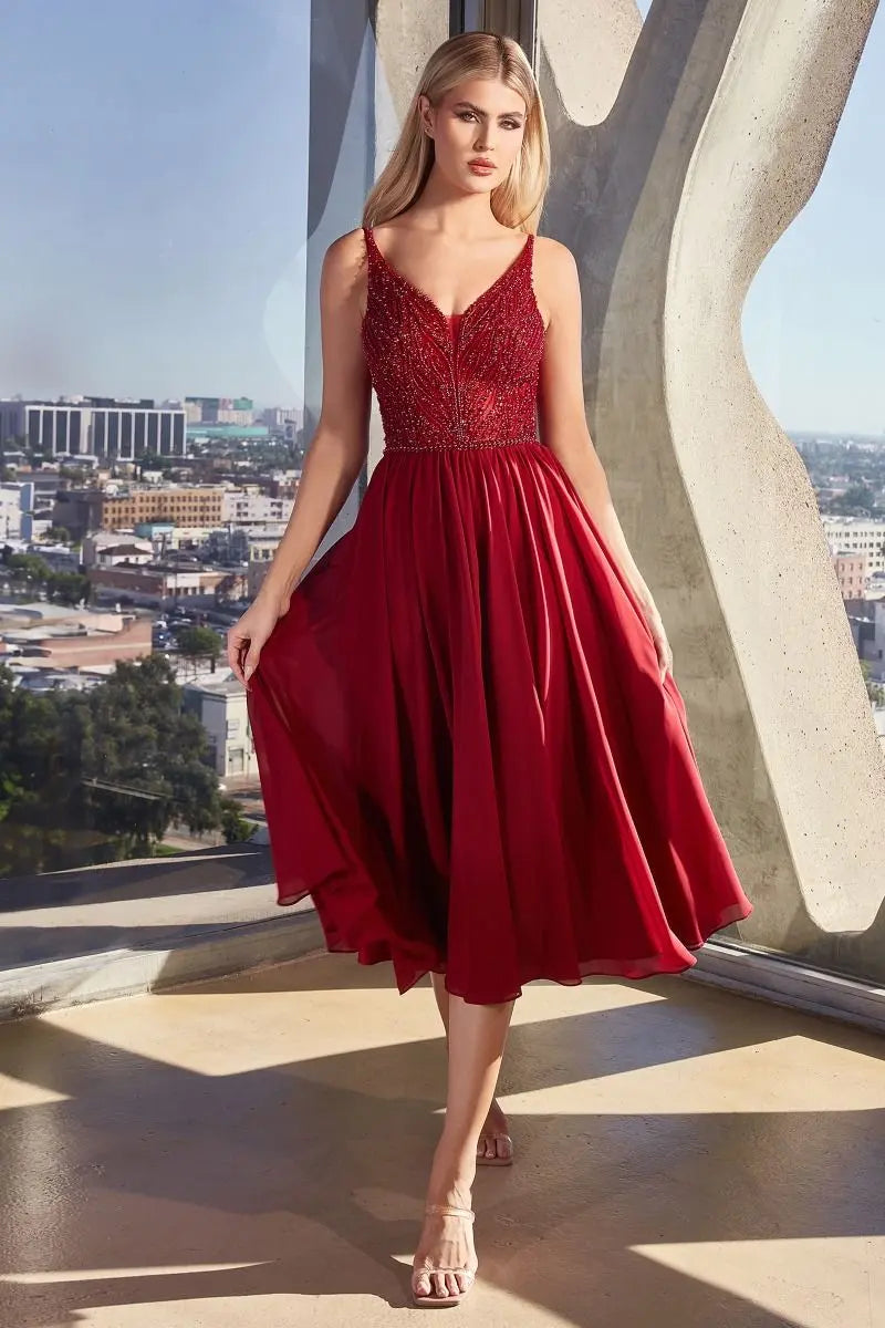 Chiffon A-Line Tea Length Dress - RoshelLuxe.com