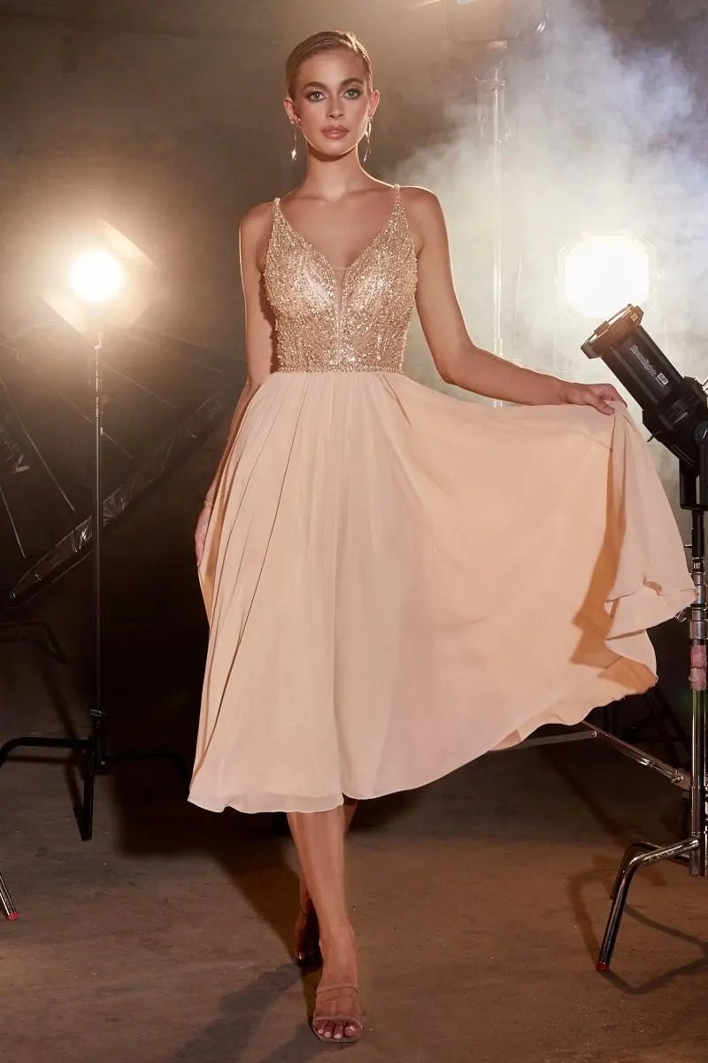 Chiffon A-Line Tea Length Dress - RoshelLuxe.com