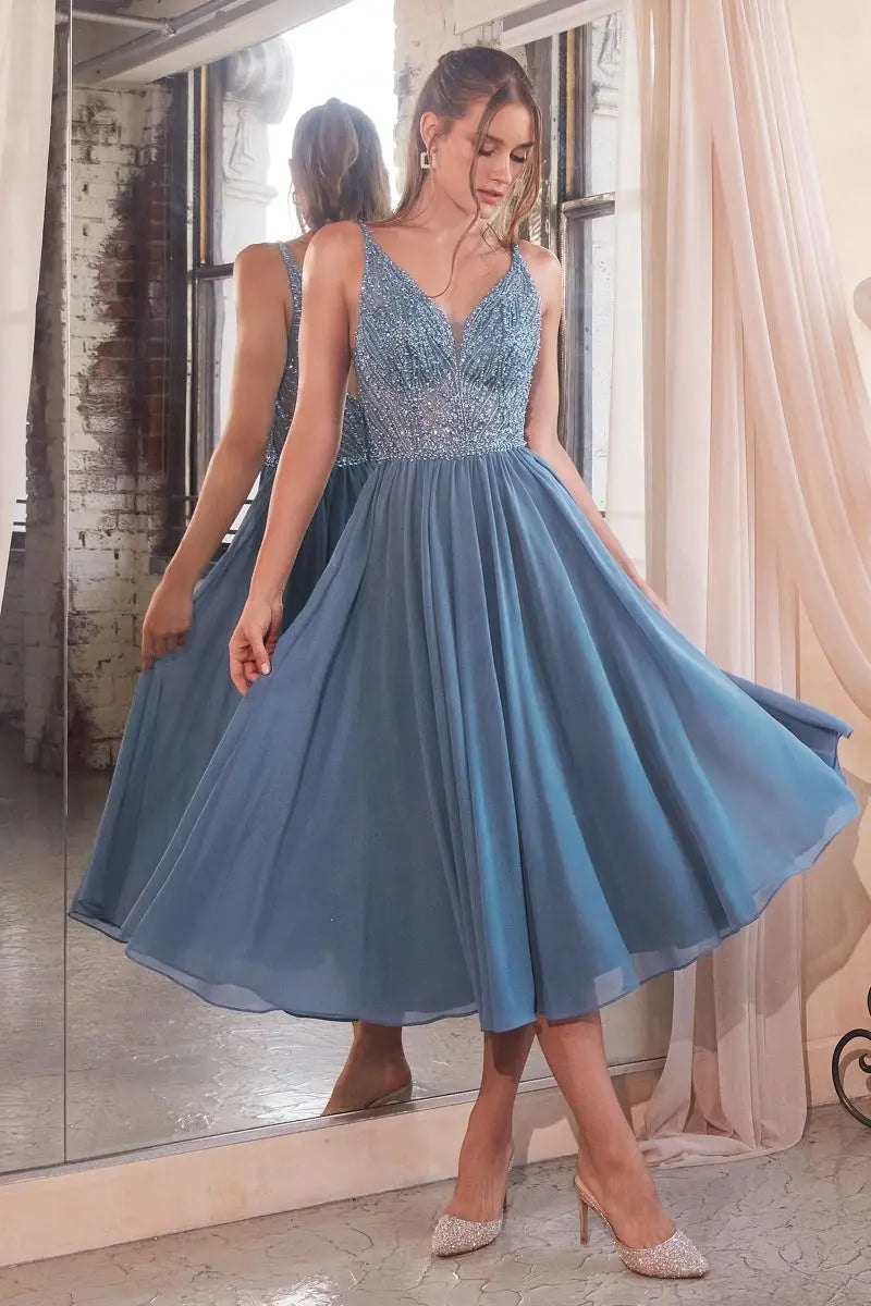 Chiffon A-Line Tea Length Dress - RoshelLuxe.com
