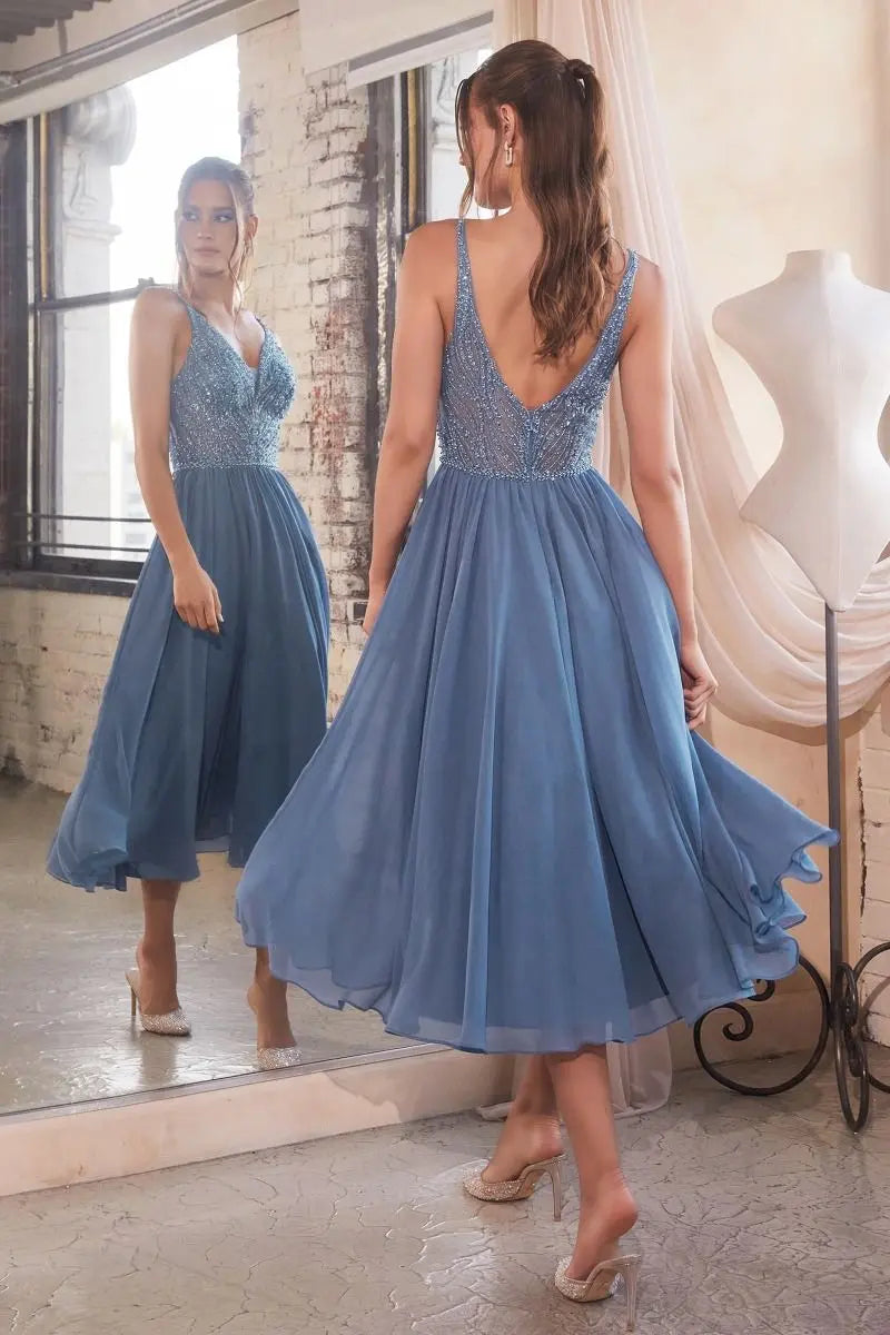 Chiffon A-Line Tea Length Dress - RoshelLuxe.com