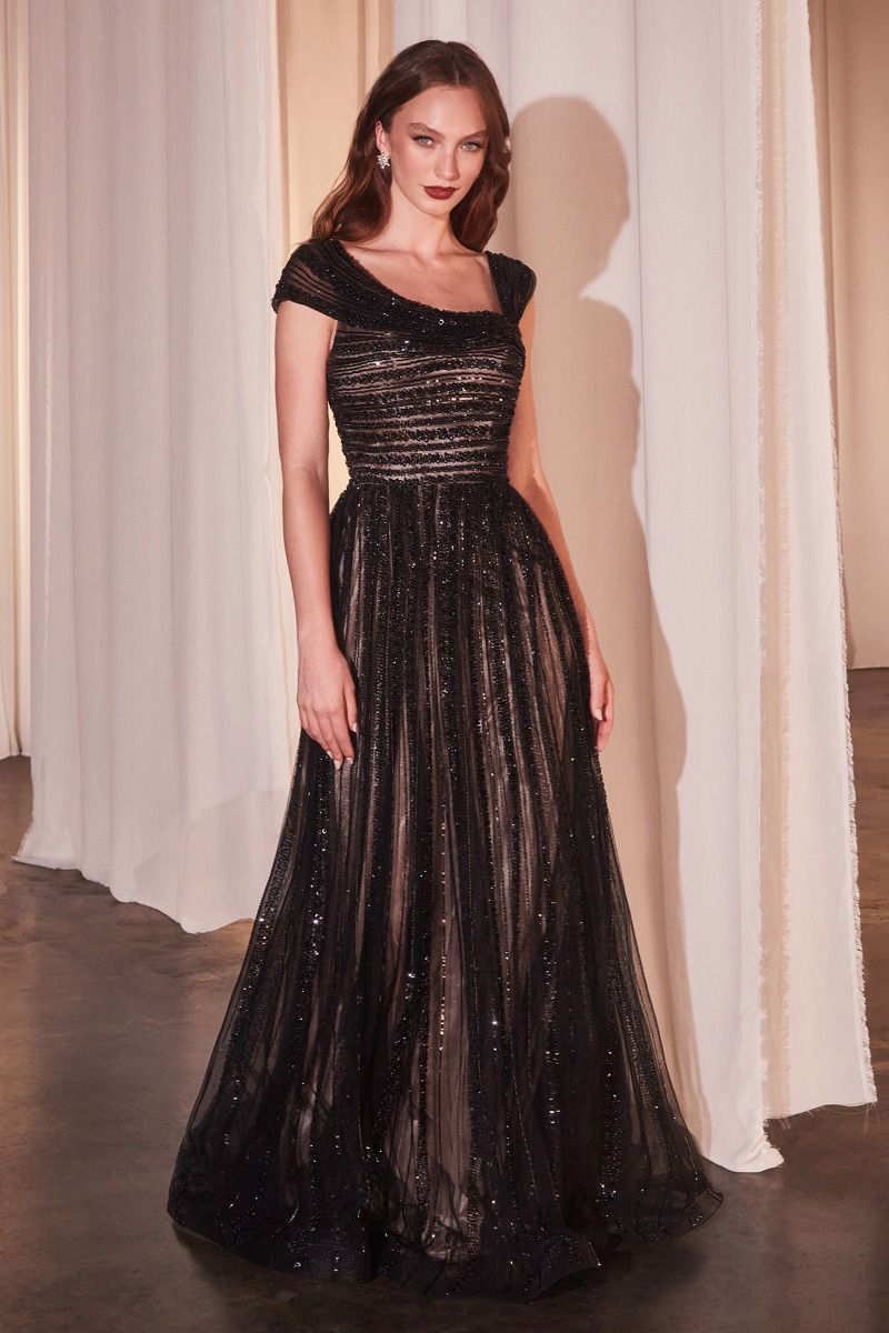 Asymmetrical Off The Shoulder A-Line Beaded Gown - RoshelLuxe.com