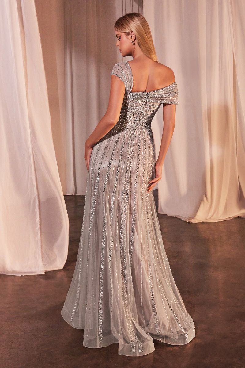 Asymmetrical Off The Shoulder A-Line Beaded Gown - RoshelLuxe.com