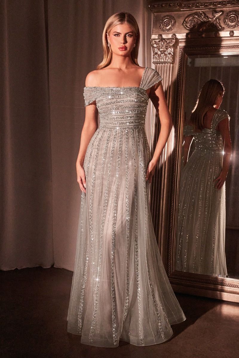 Asymmetrical Off The Shoulder A-Line Beaded Gown - RoshelLuxe.com