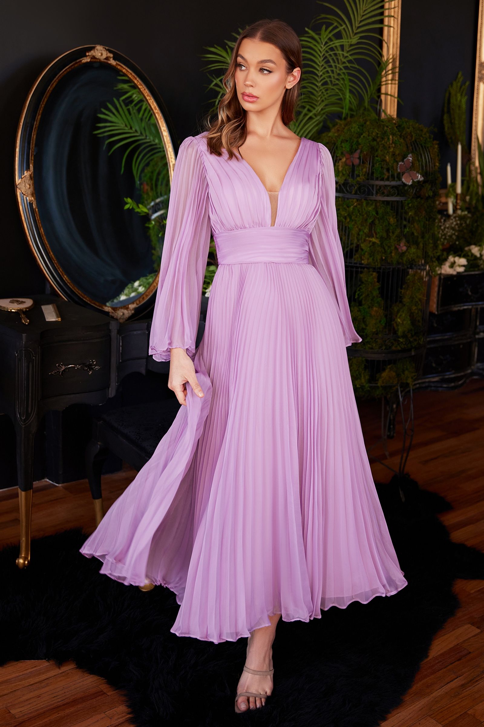 Pleated Chiffon Long Sleeve Tea Length Gown - RoshelLuxe.com